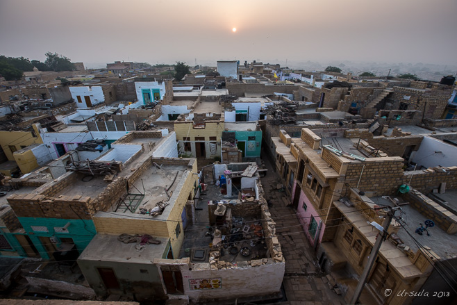 Pale sun through the mist over Jaisalmer Rooftops, Rajasthan