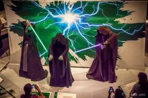 Three Jedi with Lightsabers, Star Wars and the Power of Costume exhibit in the EMP, Seattle