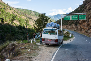 Minivan parked at the Chuzom, Bhutan