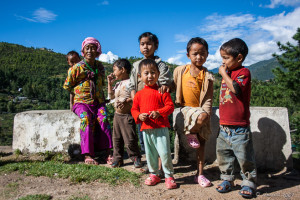 Bhutanese Grandmother and children on the Ridge, Thimphu River, Bhutan