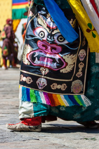Black embroidered Apron on a tsheshu costume, Wangduephodrang Dzongkhag Dzong, Central Bhutan.