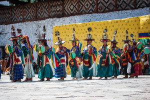 Black hat dancer in line, Wangduephodrang Dzongkhag Dzong, Central Bhutan.