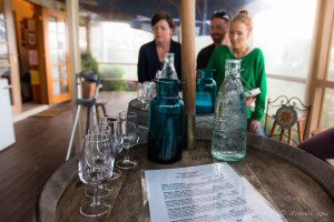 Water jug, wine glasses and tasting notes, Ernest Hill winery, Pokolbin AU