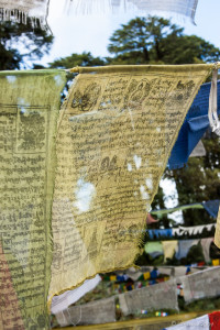Faded yellow prayer flags, , Dochu La Chorten, Bhutan