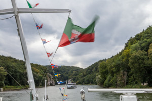 Kelheim flag flying from a tourist boat, Danube Gorge, Germany