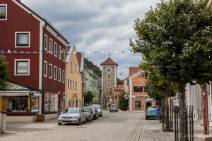 Kelheim Street looking towards the clock, Kelheim, Bavaria