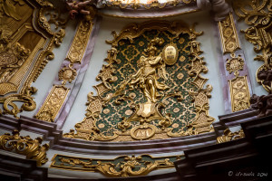 Gilded illustration of Archangel Michael on the cupola, Weltenburg Abbey Church, Bavaria