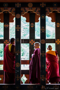 Monks in Late Afternoon Light, Punakha Dzong, Bhutan