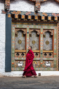 Monk Walking in front of a decorated doorway, Punakha Dzong, Bhutan