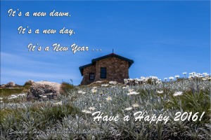Happy New Year 2016 written on a picture of Seaman's Hut, Kosciuszko NP AU