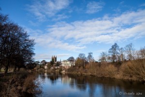 View up the River Wye from the Victoria Footbridge, Hereford UK