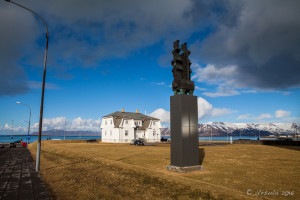 Höfði House and Fjörutún park under a dark sky, Reykjavík