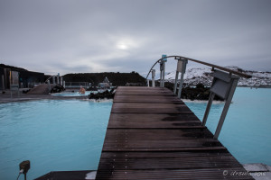 Wooden bridge over Blue Lagoon waters, Grindavík Iceland