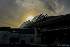 Sun rise over Keflavik International Airport terminal, Iceland.