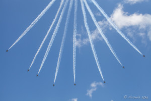 Eight Black Eagles flying in a fan formation, Singapore Airshow 2016
