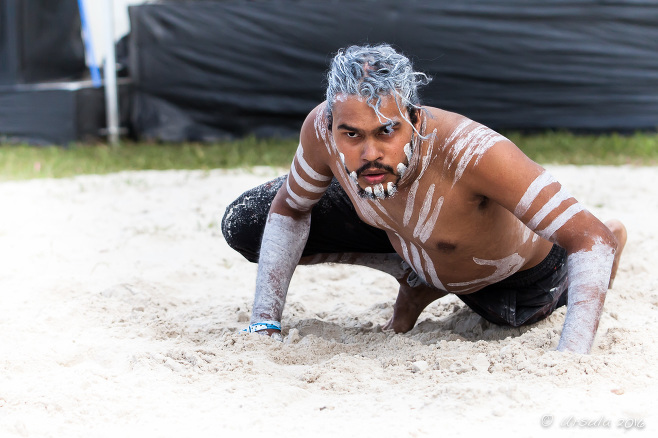 Aboriginal man dancing the dreamtime goanna, Excelsior Dance Troup, Boomerang, Byron Bay Bluesfest 2016 AU