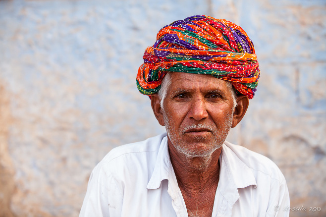 Portrait of a Rajasthani Man in a colourful Turban, Khejarla India