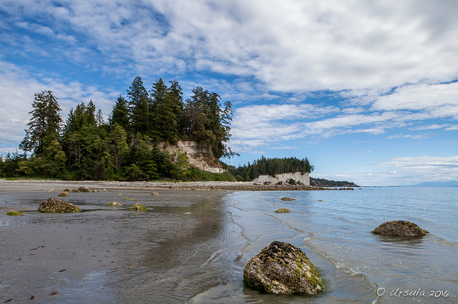 View over wet sand to South Thormanby Island, BC Canada
