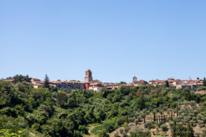 View of Chiusi from the green fields below., Tuscany Italy