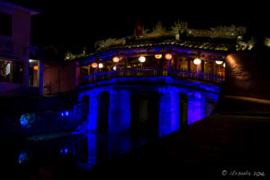 The Japanese Bridge, floodlit after dark, Hoi An, Vietnam