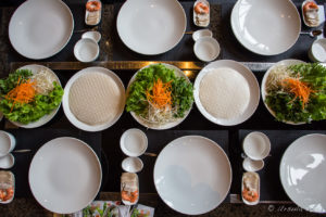 Spring Roll Ingredients on white plates, , Hay Hay Restaurant Display Kitchen, Naman Retreat Danang Vietnam