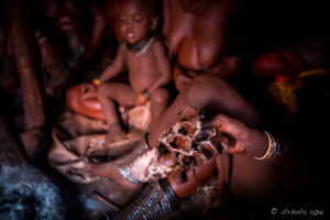 Himba woman oiling a Erembe Headdress, Kunene Region Namibia