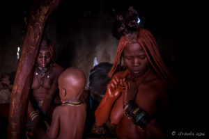 Himba woman oiling herself with ochre powder, Kunene Region Namibia
