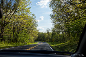 Skyline Drive in spring from the front of a car, Shenandoah National Park VA