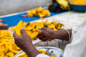 Indian man's hands cutting pumpkin on the roof, Gurudwara Sis Ganj Sahib, Chandni Chowk, Old Delhi