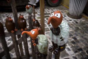 Quirky pottery creatures in a Melk shop, Lower Austria