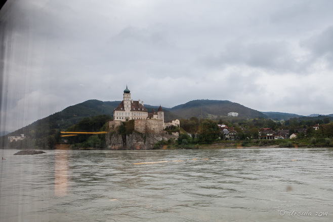 View of Castle Schoenbuehel, from a boat window, Wachau Valley, Austria