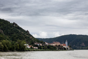 Durnstein and Kuenringerburg Castle from the Danube, Wachau Valley Austria