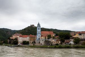 Dürnstein Stiftskirche Durnstein Parish Church and Castle from the Danube, Wachau Valley Austria
