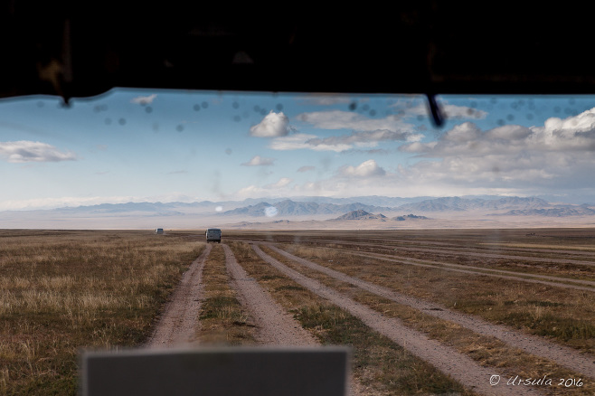 View from the Truck over the Dirt Roads West across Mongolia