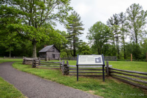 Puckett Cabin and its signboard, Blue Ridge Parkway, VA USA