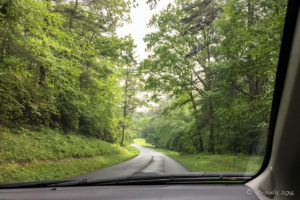 View through a windscreen over a tree-lined Blue Ridge Parkway, VA USA
