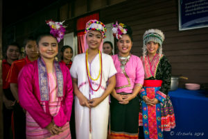 Thai girls in traditional Lanna, Hmong, and Karen dress, Sangwaan Wittaya School, Mae Sariang Thailand