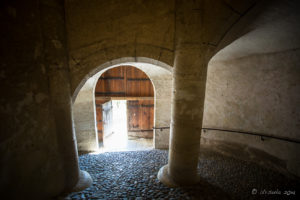 Dark interior, lightened doorway, of the Munot, Schaffhausen Switzerland