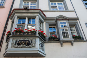 Oriel Window with red geraniums, Old Town, Schaffhausen, Switzerland