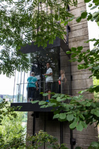 Glassed-in Elevator at Schloss Laufen over the Rheinfall, Switzerland
