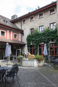 Courtyard at Schloss Laufen over the Rheinfall, Switzerland