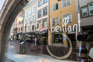 Reflections of the street in a jewellery shop window, Old Town, Schaffhausen, Switzerland