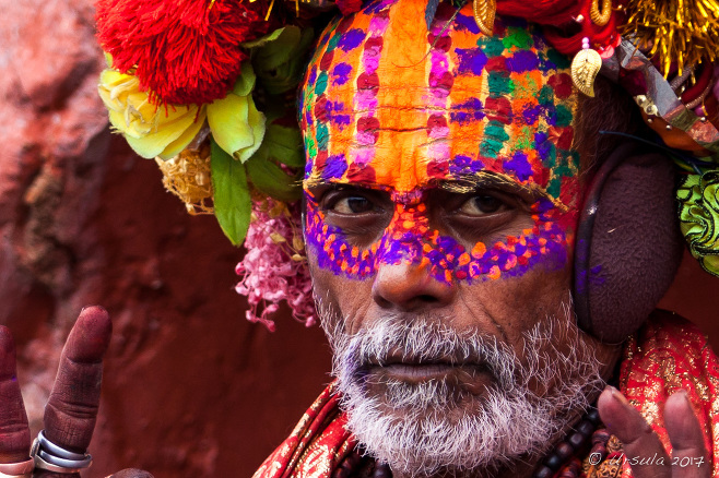 Portrait: bearded man in elaborate face paint, tinsel, artificial flowers, and pompoms, Pashupatinath Nepal