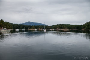 Sailboat motoring into Desolation Sound, BC Canada