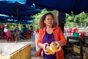 Vietnamese woman selling coconut, Marble Mountains, Vietnam