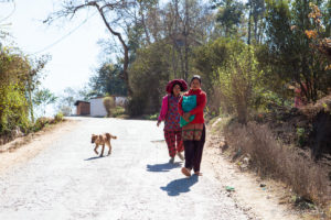 Two Women and a dog on Panauti-Namobuddha Rd, Nepal