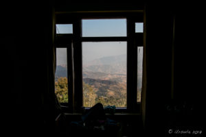 View over the Kathmandu Hills from a room at the Thrangu Tashi Yangtse Monastery, Nepal