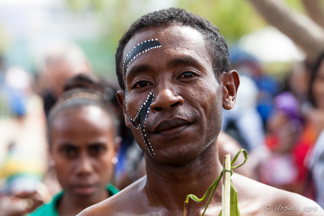 Portrait: male dancer in Milne Bay face paint, Port Moresby PNG