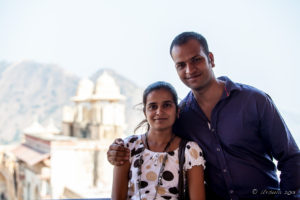 Portrait: Young Indian couple inside Amer Fort, Jaipur India