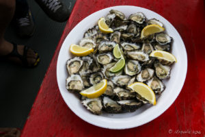 A plate of fresh oysters with lemon and lime sections, Pambula Lake Australia